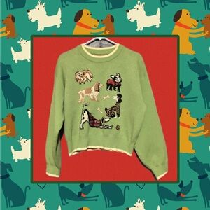 Cider Green Crew Neck Sweater with Dog Motif